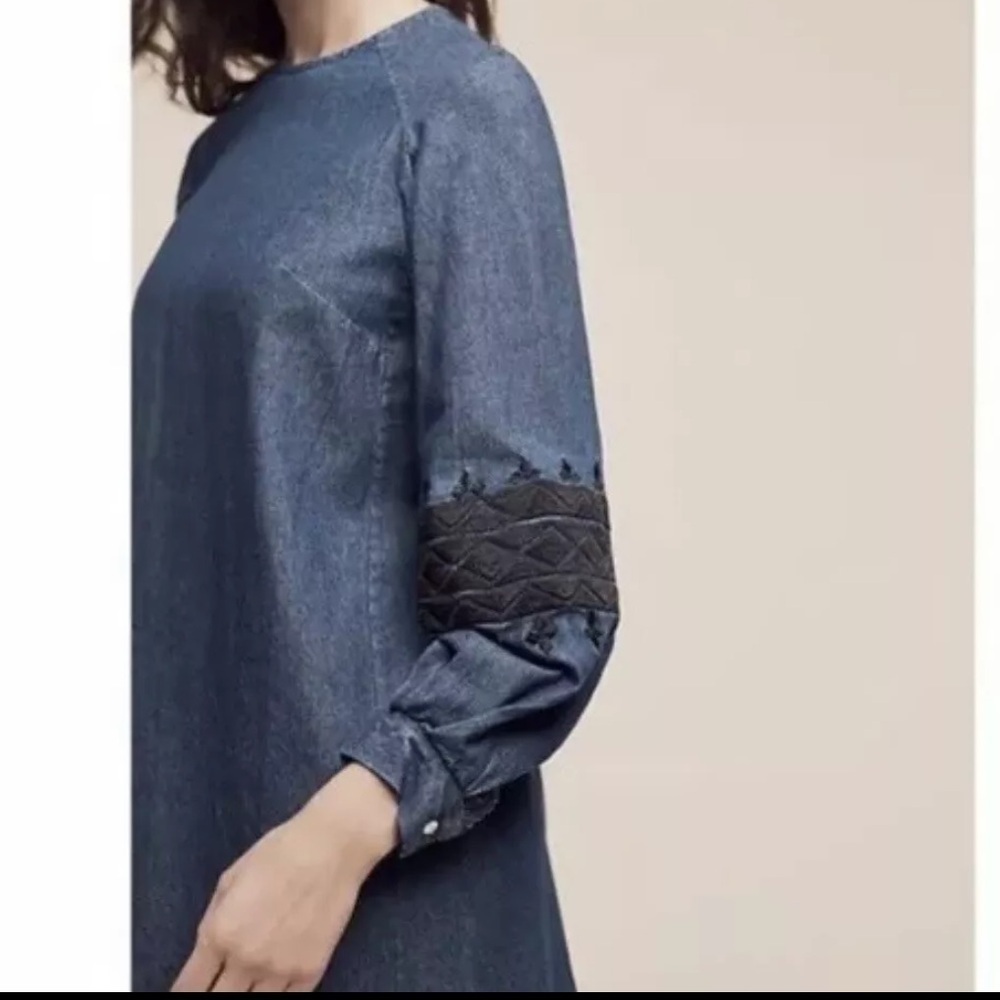 Ne Quittez Pass Open Sky chambray‎ embroidered balloon sleeves dress Sz L